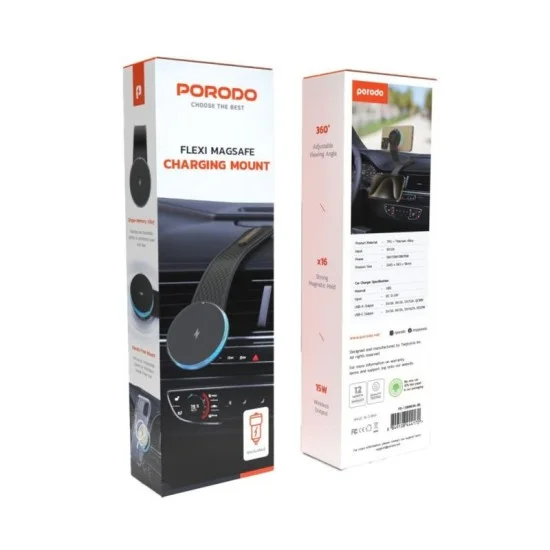 Porodo 15w magnetic wireless car mount with dual port car charger & c-c cable 1m - black